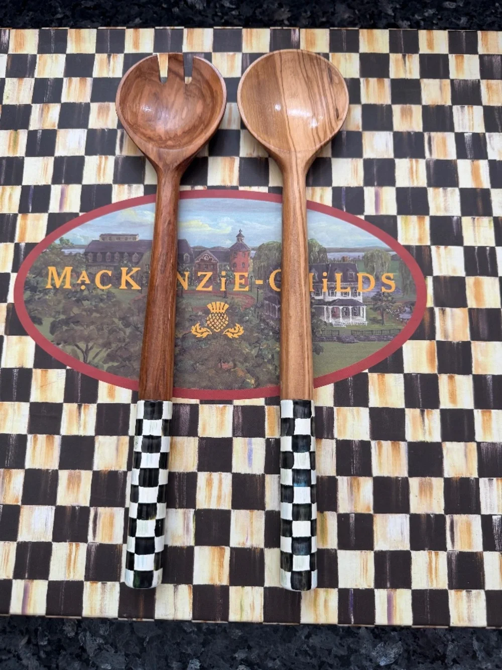 Brand New Mackenzie Childs Courtly Check Salad Servers Wood & Stainless Sweet